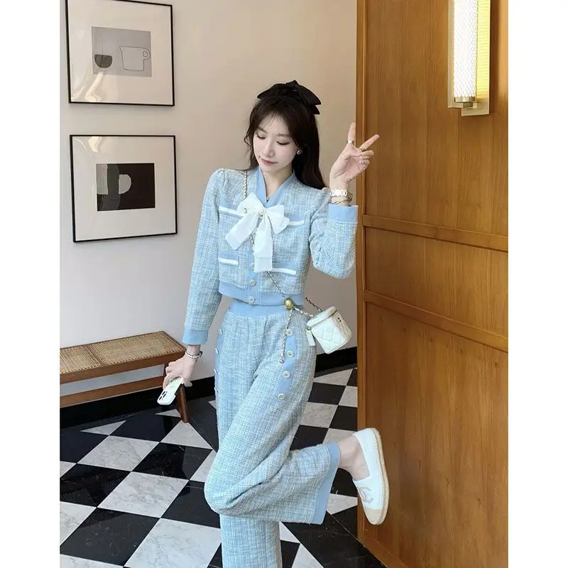 Korean Fashion Streetwear Two-piece Set Women Spring Turn-down Collar Short Jacket +Solid Color Long Pants Casual Female Clothes