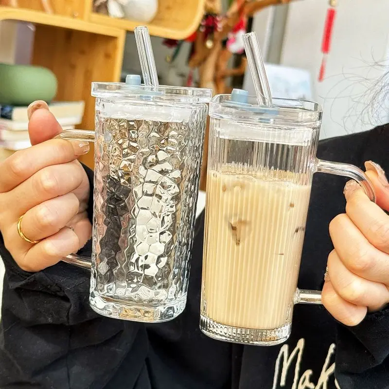 Tazza quadrata in vetro trasparente da 250ML con coperchio e cannuccia tazza da caffè con ghiaccio freddo succo tazze da tè al latte per bicchieri