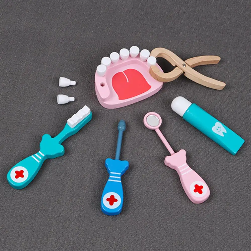 Pretend Play Toy Wooden Role Play Dentist Doctor Dental Teeth Model Tools Set Children Game Toy