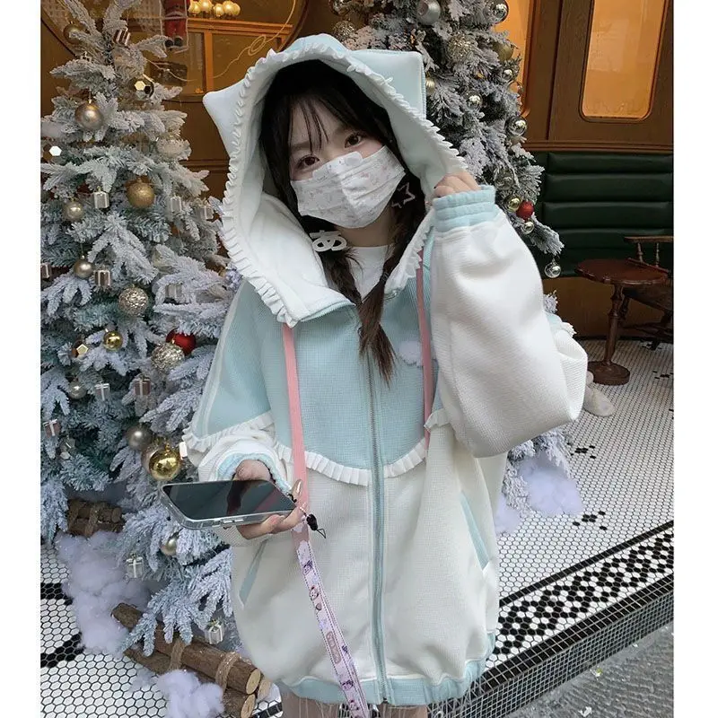 Japanese Kawaii Hoodies Women Casual Cartoon Cat Ears Coat Cute Sweatshirts Women Y2K Aesthetic Patchwork Pocket ​Streetwear view 5