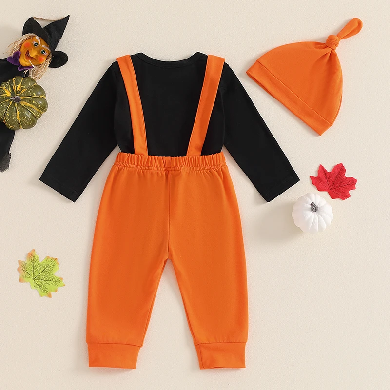 2024-05-27 Lioraitiin 3Pcs Baby Halloween Set Witch Pumpkin Print Long Sleeve Romper Letter Print Long Overall Pants Hat Outfits