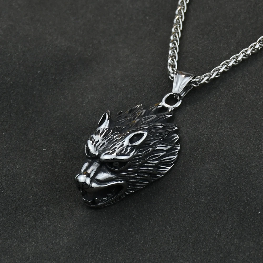 stainless steel Wolf head norse viking wolf pendant necklace wild animal necklace