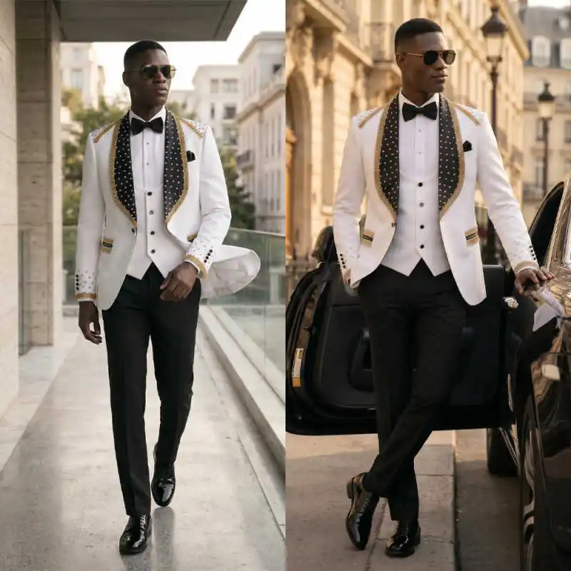Elegant Mens Suits 3 Pieces Jacket Pants Vest Shawl Collar Beading Banquet Party Wedding Groom Wear Customized