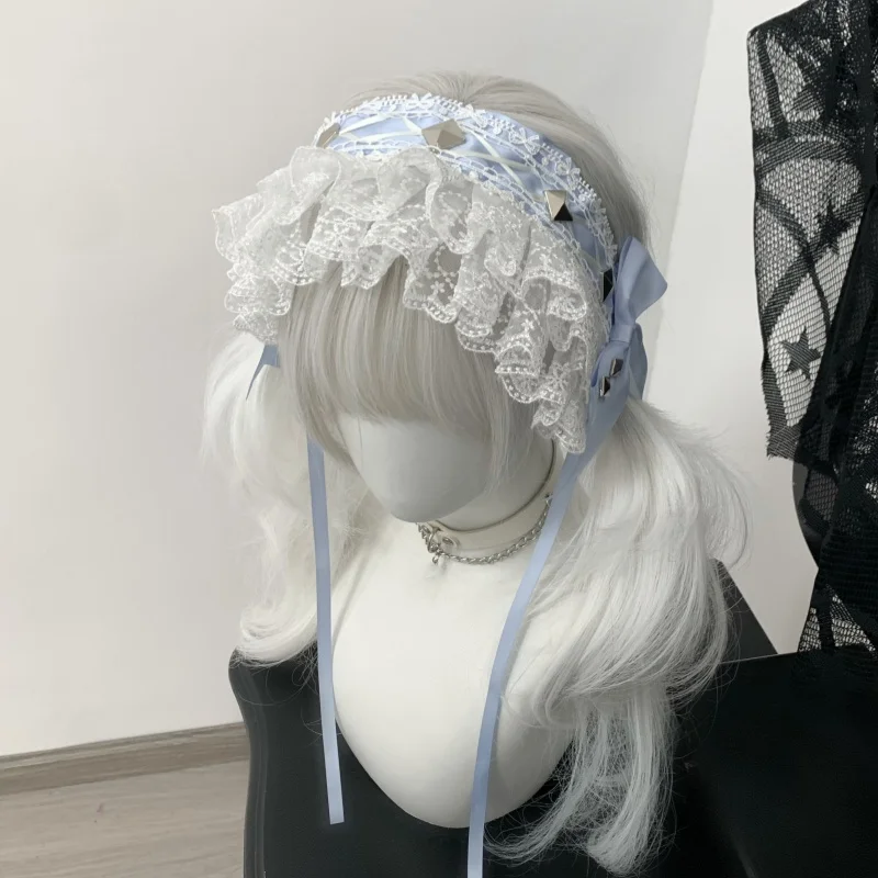 Novo artesanal original y2k rebite laço arco bandana doce lolita subcultura chapelaria halloween cosplay escuro gótico bandana