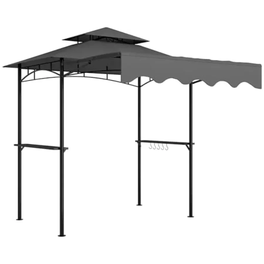 8' x 7.6' Outdoor BBQ Gazebo with Double Tiered Design Side Awning 2 Side Shelves 6 Hooks Weather-Resistant Polyester Fabric k