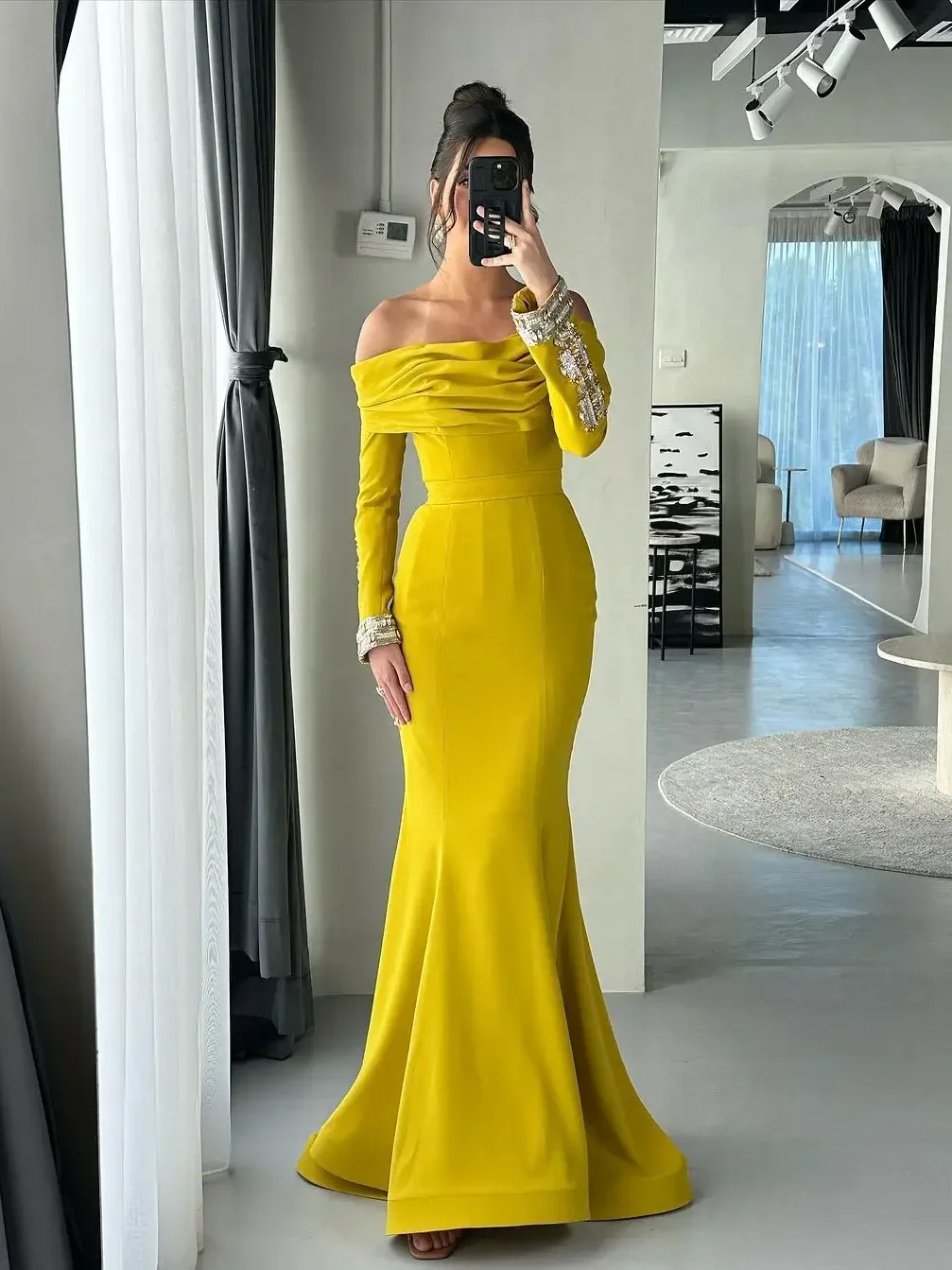 Oisslec Dress Elegant Vintage Sweet Yellow Crystal Beads Mermaid Customize Formal Occasion Prom Dress Evening Party Gowns