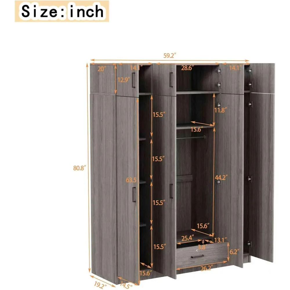 4-Door Wardrobe Closet with Pull-Out Drawers & Top Cabinets and Storage Shelves, Freestanding Armoire w/Hanging Rods