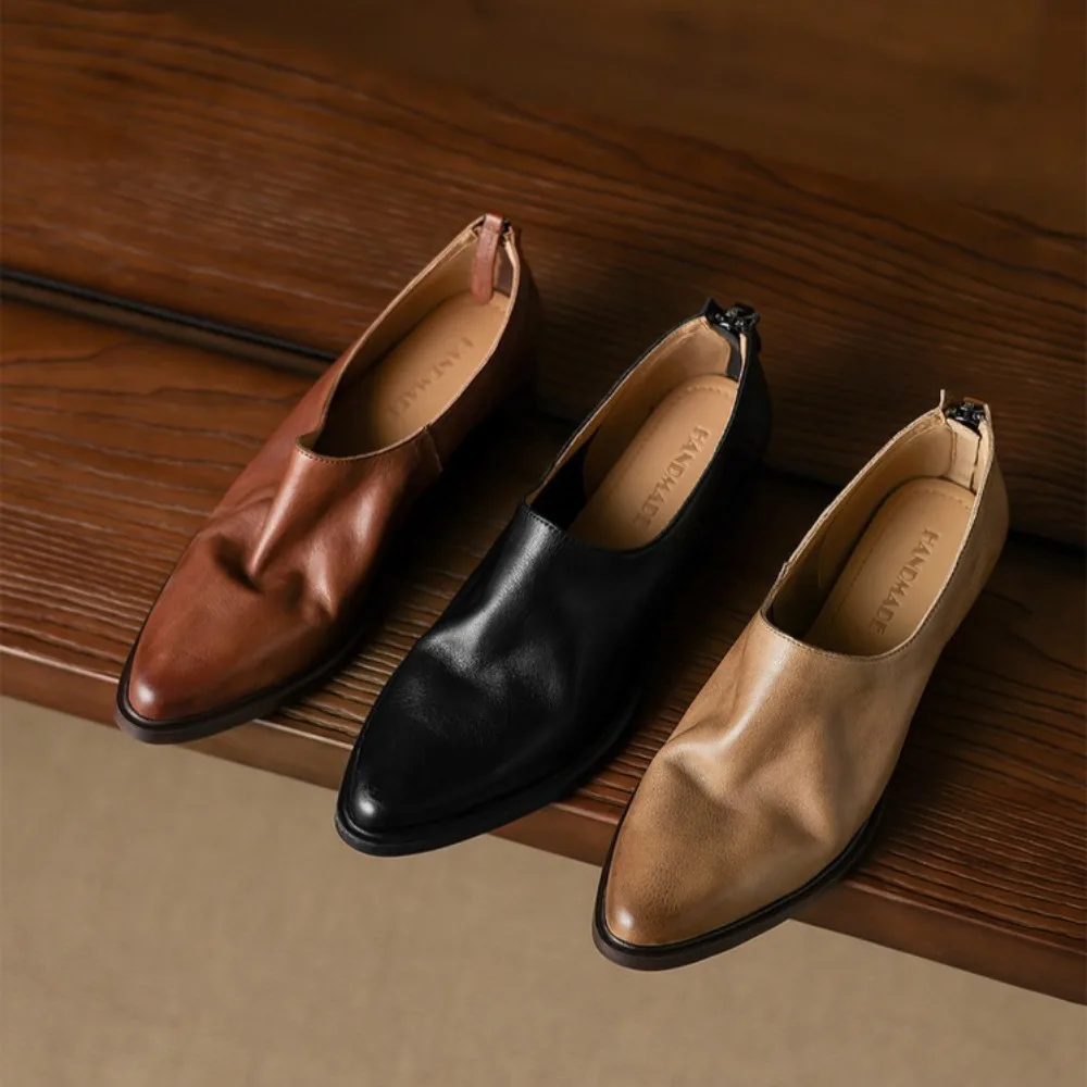 2026 Spring New Genuine Leather Women's Chelsea Boots Low Block Heel Round Head Anti Slip Ankle Boots（Khaki/Black/Brown）