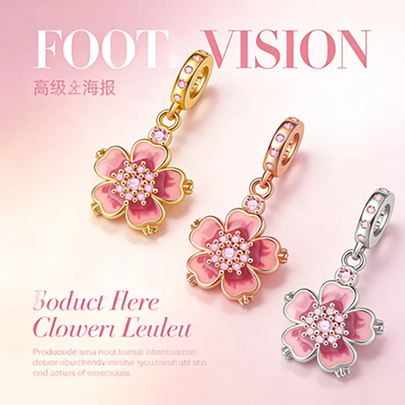

2026 NEW Pink Rose Flower Charms Fit Original Europeans Bracelet Necklace DIY Jewelry Making Pendant Beads for Women Gift