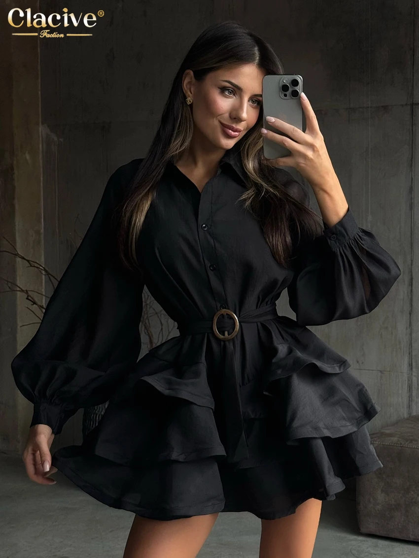 

Clacive Fashion Loose Black Women's Dress 2025 Casual Lapel Long Sleeve Mini Dresses Elegant Classic Pleated Belt Female Dress