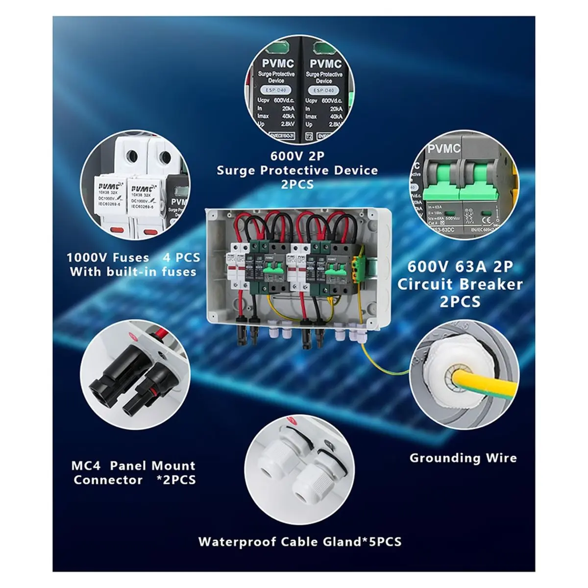 2 in 2 Out DC 600V Solar Photovoltaic PV Combiner Box with Protection 32A Fuse MCB SPD Waterproof IP65