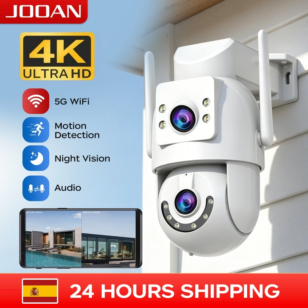 Caméra PTZ Wifi 4K JOOAN pour extérieur, double écran, zoom numérique 5X, détection de mouvement, vision nocturne, surveillance audio-vidéo CCTV