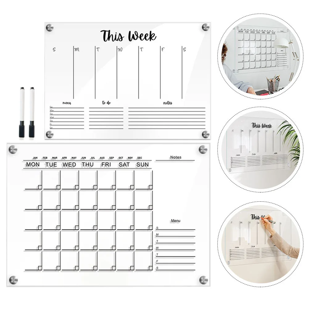 Tableau mémo polyvalent en acrylique transparent, 2 ensembles, lingettes sèches, tableau d'affichage pour bureau, cuisine, fête de mariage, tableaux mémo créatifs