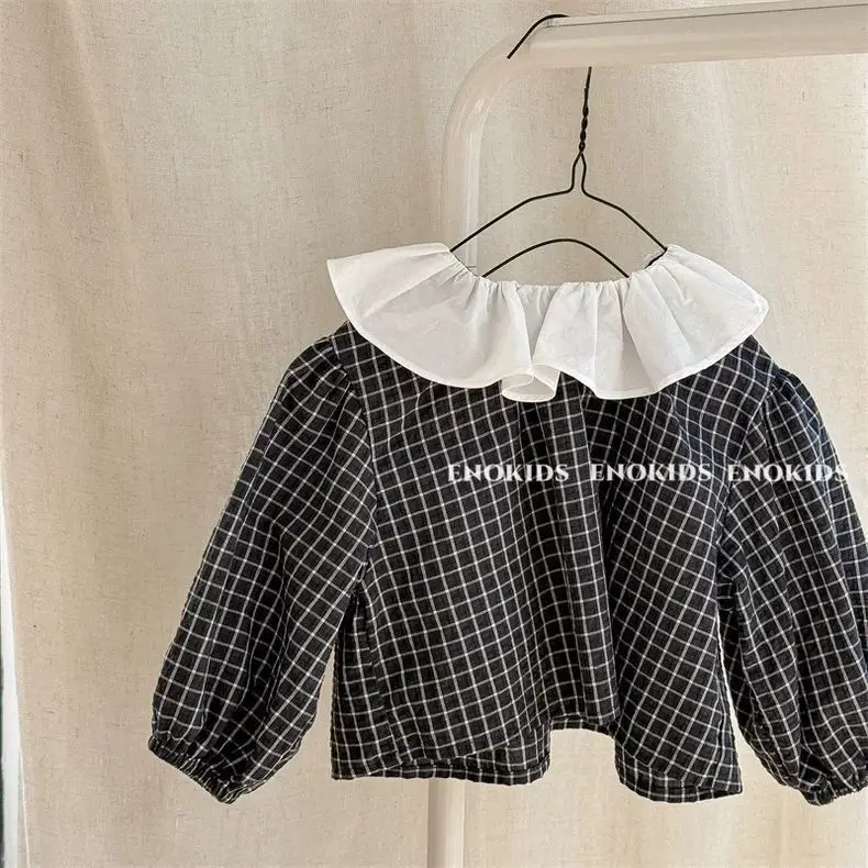 

Spring and Autumn Baby Girl Cute Ruffle Collar Doll Shirt Girls Korean Forest Bubble Sleeve Checkered Shirt