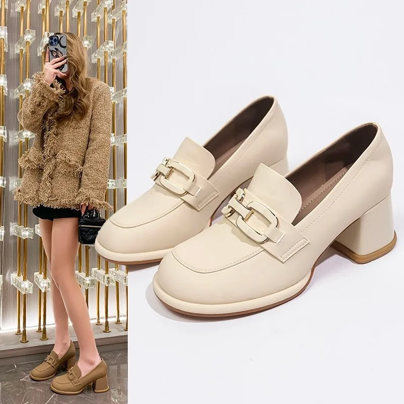 2024 Retro New Women's British Style Round Solid Color Toe Slip-on Shallow Mouth Metal Decorated Thick-soled High Heels