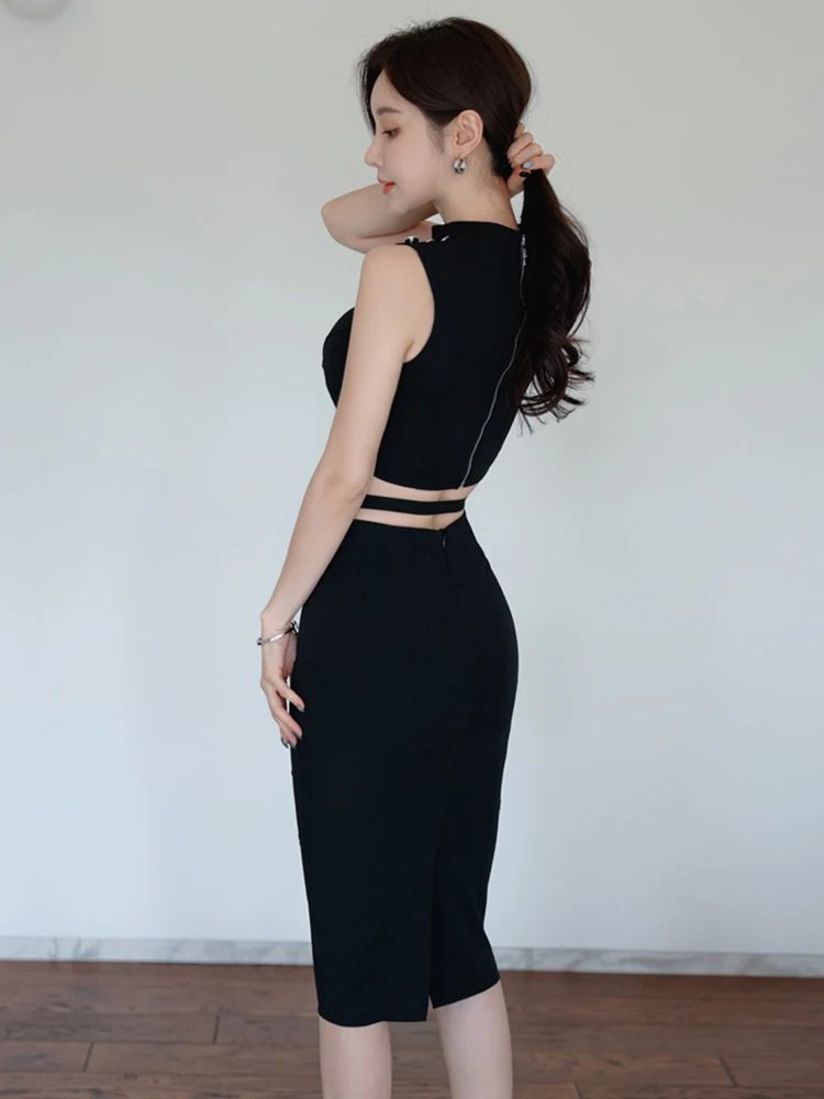 Moda verão preto 2 peças roupas femininas elegante recortado curto topos camisa blusa e cintura alta midi saia mujer conjunto