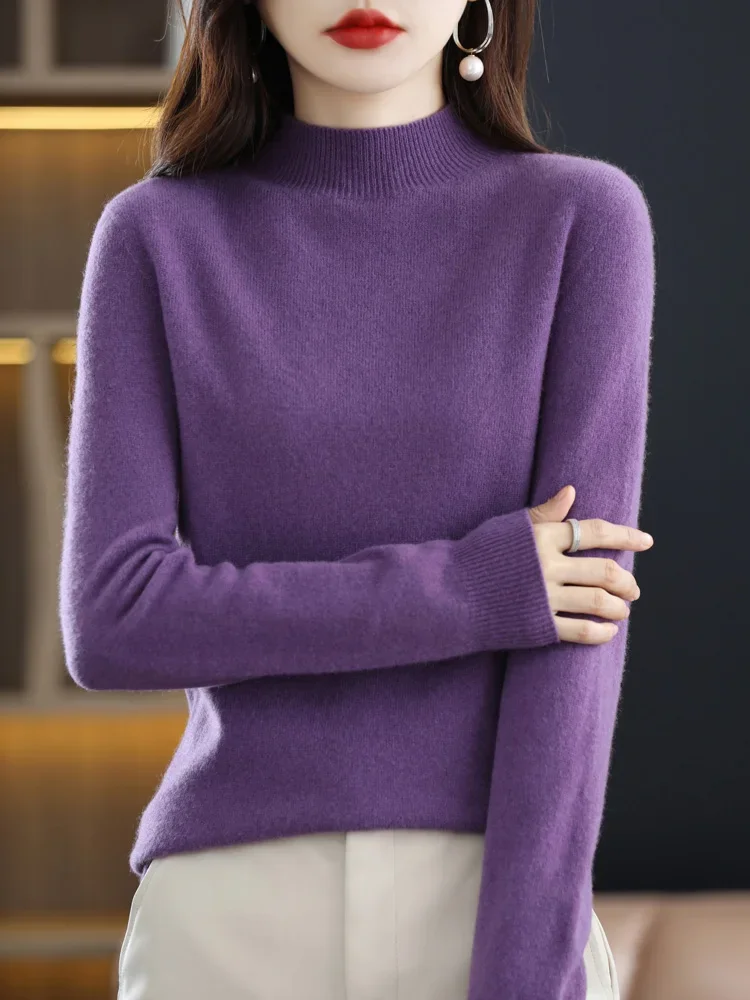 

Women Basic 100% Merino Wool Sweater Mock Neck Cashmere Pullover Long Sleeve Autumn Winter Solid Knitwear Female Clothing A131
