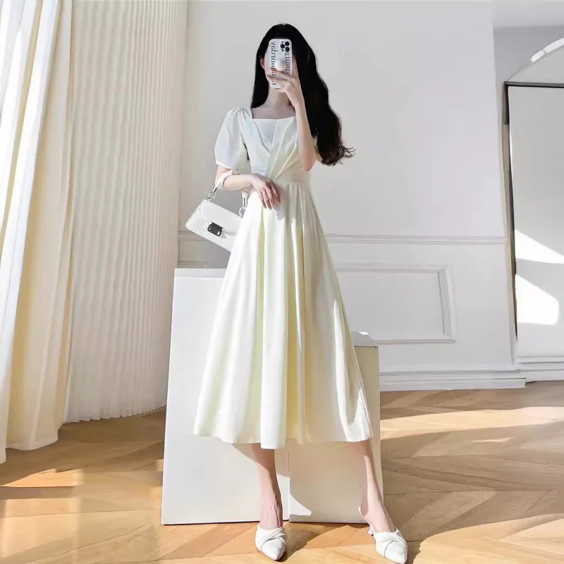 

Белое платье во французском стиле для женщин, лето 20224, новый стиль, элегантное длинное платье с квадратным вырезом и талией для похудения