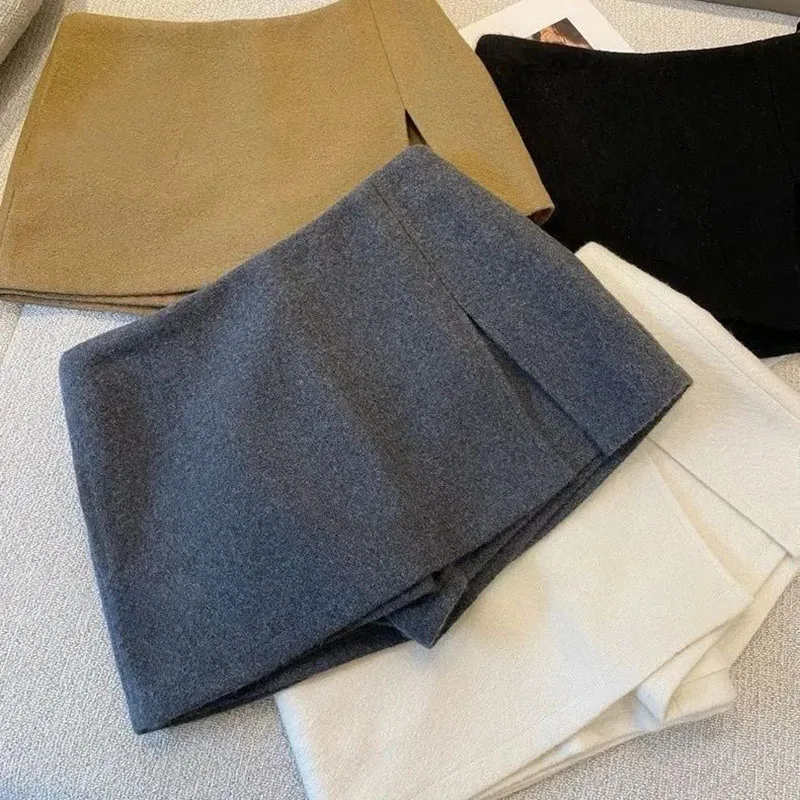 Fashion Double-Deck Split Woolen Skirts Women Vintage All-Match Low-Waisted Office Lady OL Mini Skirt Anti-Glare A-Line Skirts