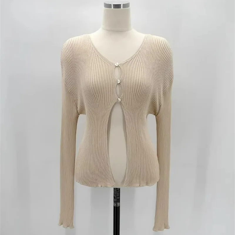 Autunno 2025 Dongda Gate Early New Sle Donna Slim Fit Lungo Sve Cardigan aperto lavorato a maglia Colore puro Versatile Top in maglia sottile