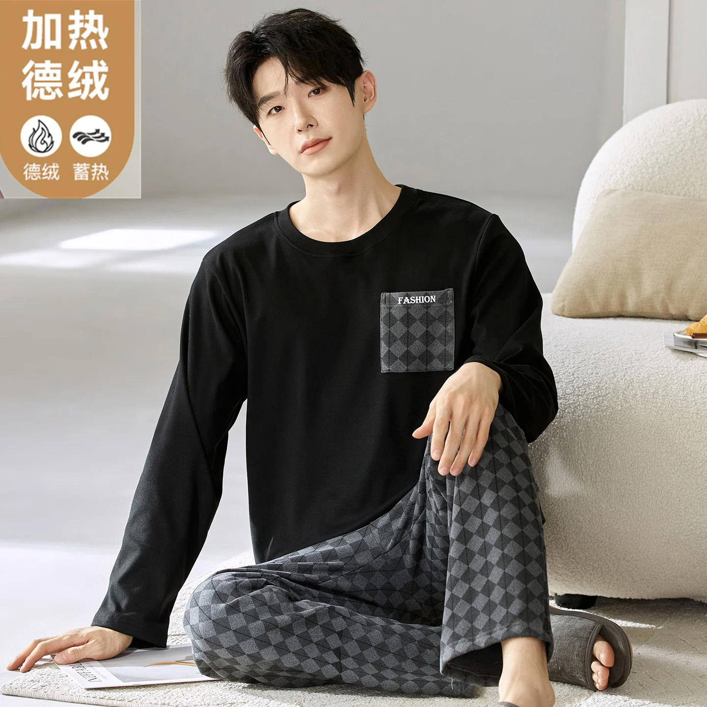 Plaid Pajamas set For Men Winter and Autumn Thin Fleece Warm Sleepwear 2Pcs/set Casual Homewear Big Size L-3XL Pjs Pyjamas Homme