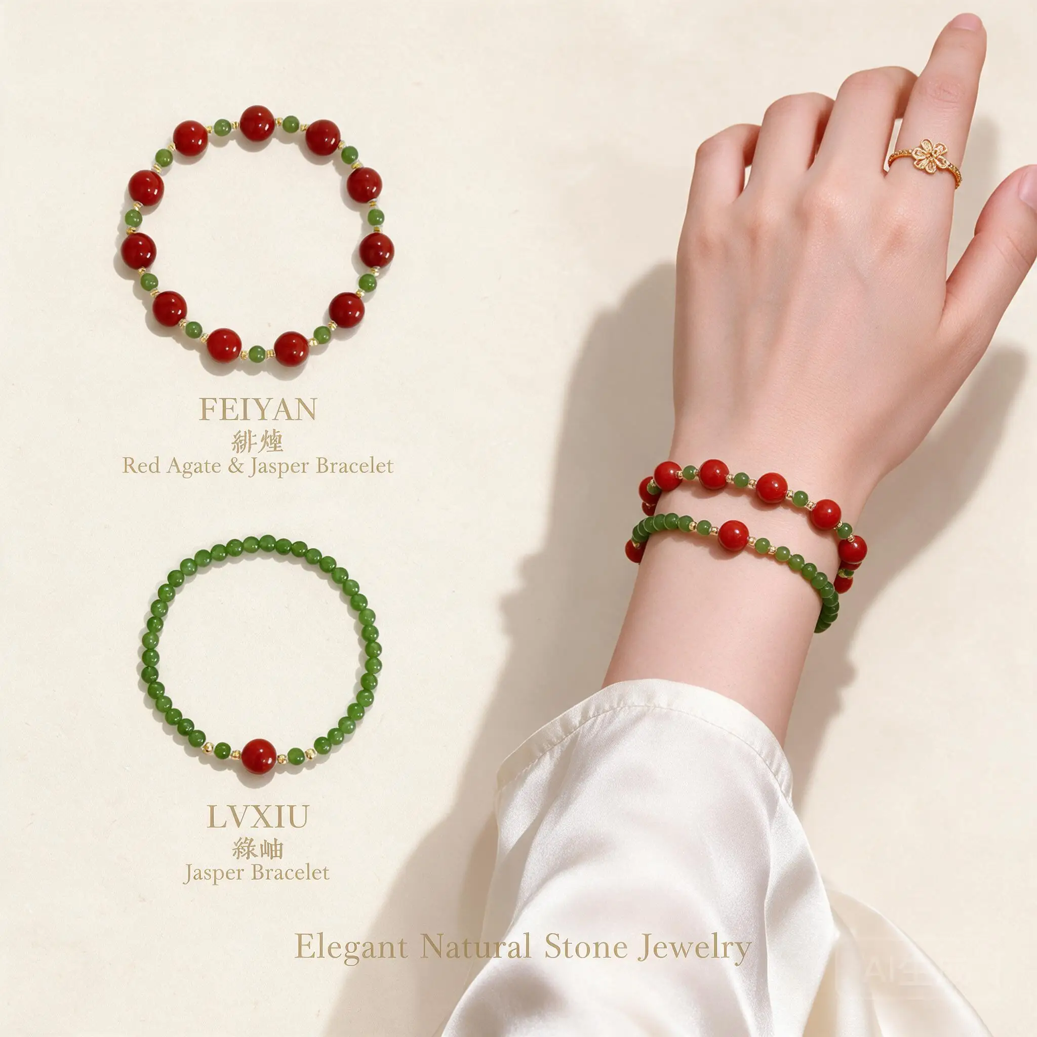 Chinese Style Red Agate Green Chalcedony Handstring Bracelet Lucky Fortune Blessing Auspicious Stackable Beaded Women Daily Gift