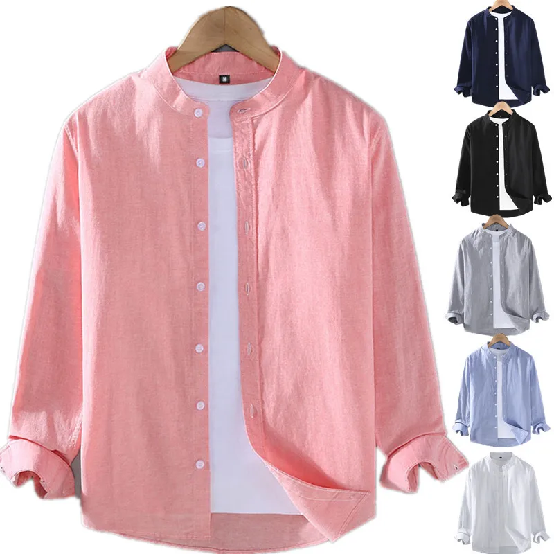 Spring and Summer Men's Beach Shirts Casual Long Sleeve Men Slim Fit Single Breasted Tops Male Stand Collar Cotton Linen Shirt