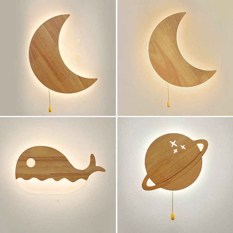 Wood Lighting Fixtures Whale Fish Cloud Love Wall Lamps Sconce for Children Room Decor Kid Bedroom Light LED Bathroom Luminaria