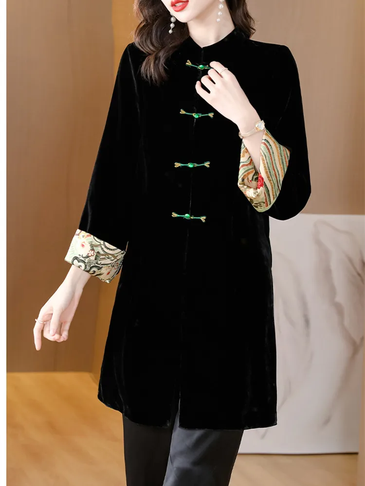 Stylish Sleeve Embroidery Vintage Velvet Kimono Trench New women O-Neck Windbreaker Coat Outerwear clothes