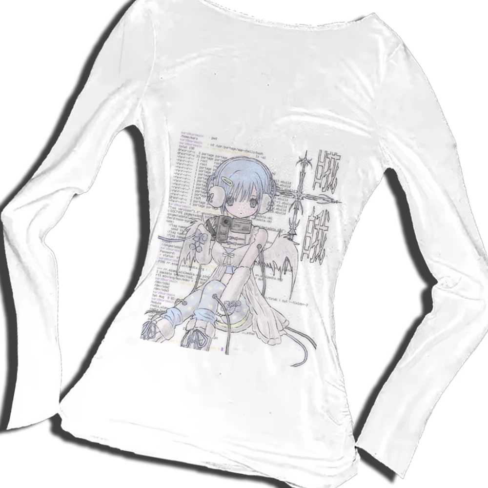 여성용 흰색 티셔츠, 세련된 카미세타스 의류, 레트로 섹시 Y2K 티셔츠 탑, 새로운 스타일 긴팔 프린트 티셔츠