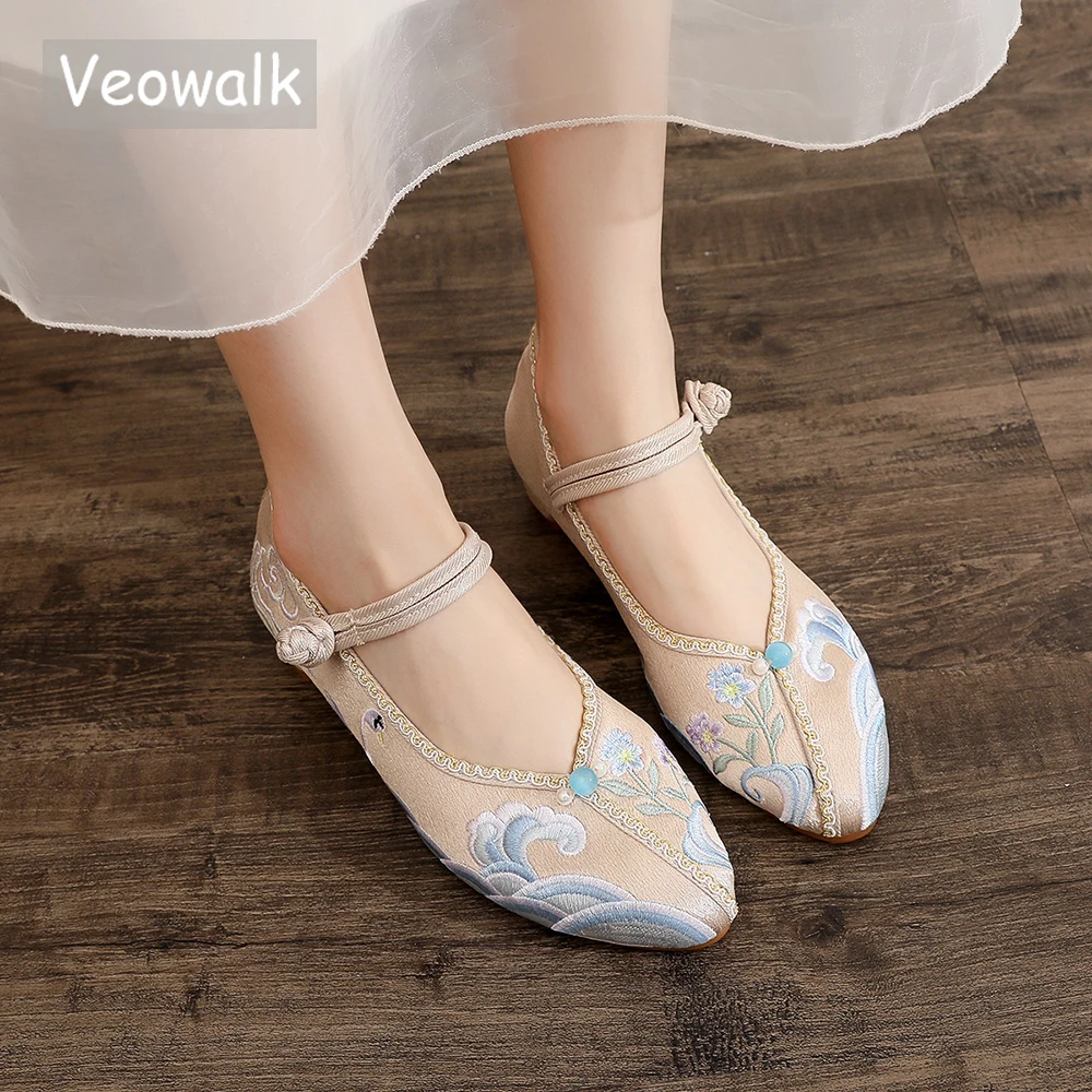 Veowalk Spindrift Embroidery Women Satin Cotton Pointed Toe 4cm High Block Heels Pumps Instep Strap Ladies Comfortable Shoes