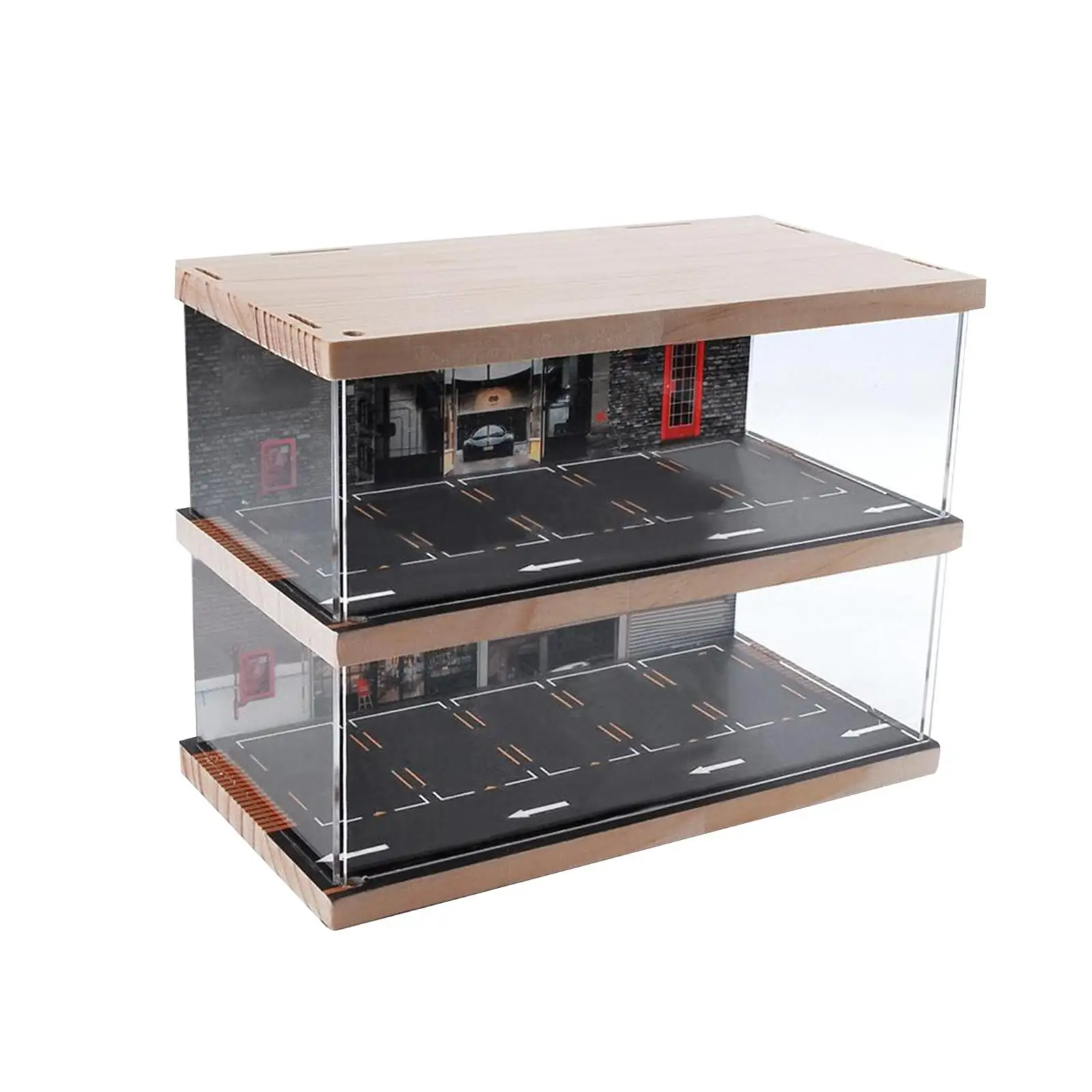1/64 Scale Scenery Parking Lot Display Case for Diecast Model Cars Wooden Acrylic Garage Showcase with Mini Toy Car Models