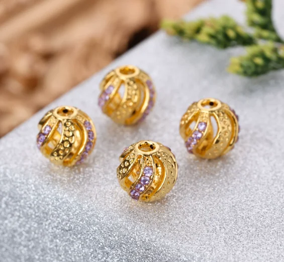 18k real gold round beads purple zircons loose beads diy handstring 6mm beads