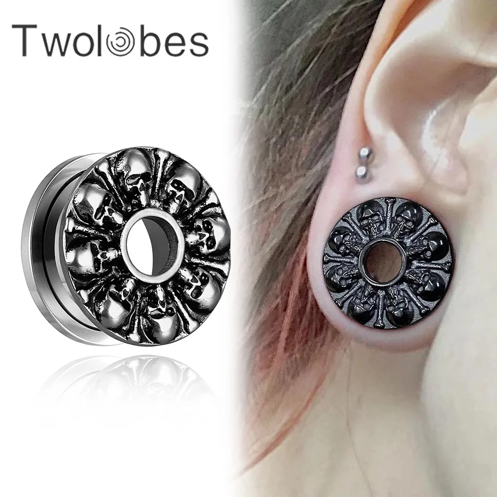 Twolobes 2PCS Skull Punk Ear Gauges Plugs Tunnels 316 Stainless Steel Expander Earrings Piercing Men Body Jewelry Expansions