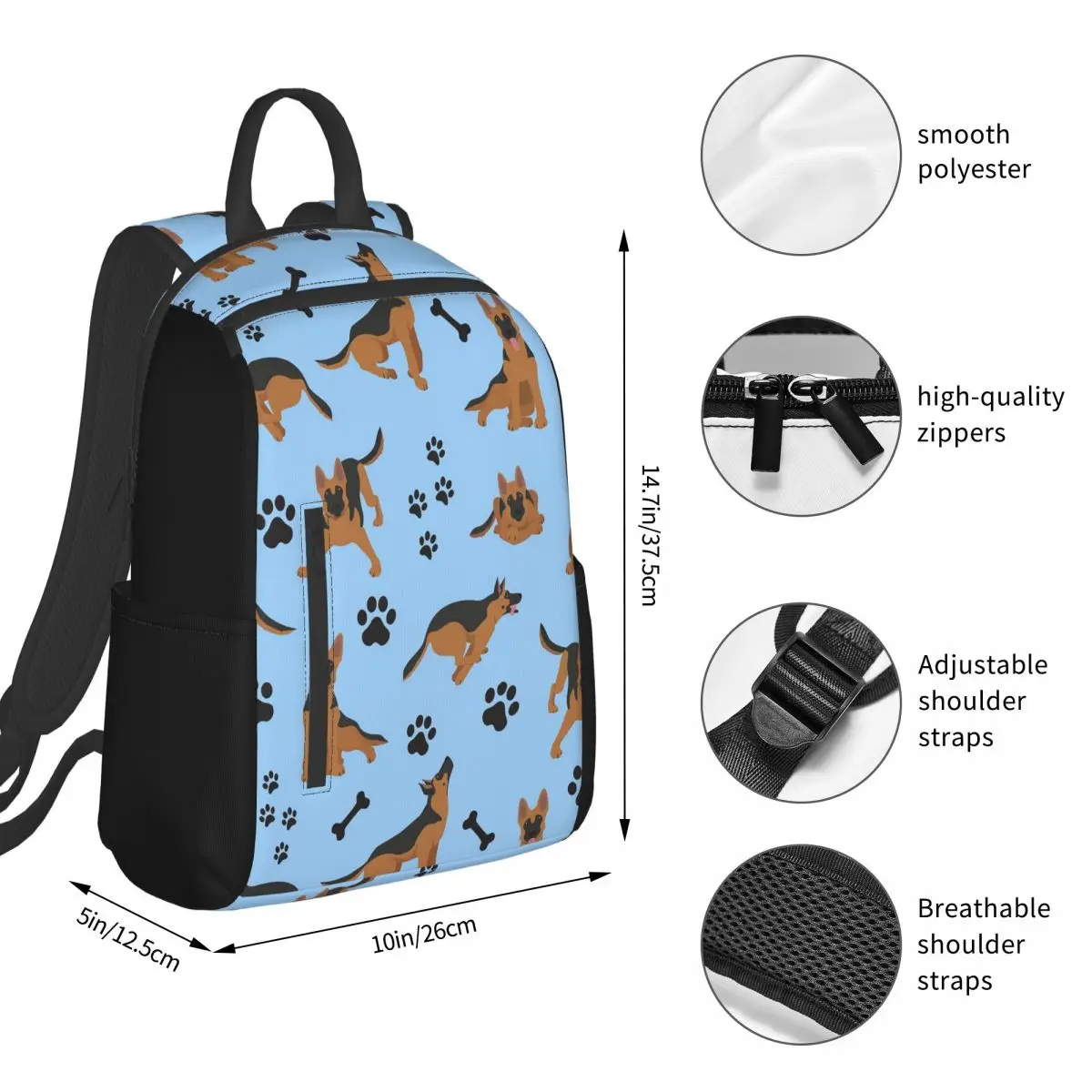 German Shepherd Pattern In Blue Backpack Student BookBag Boys Girls School Bag Computer Shoulder Bags Men Women