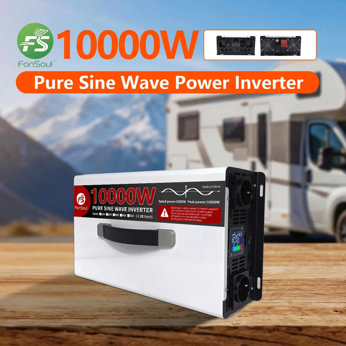 Fonsoul 10KW Pure Sine Wave Solar Inverter 48V/60V/72V to 110V 220V AC 4 Universal/2 Europe Outlet for RV/Home Appliance/Outdoor