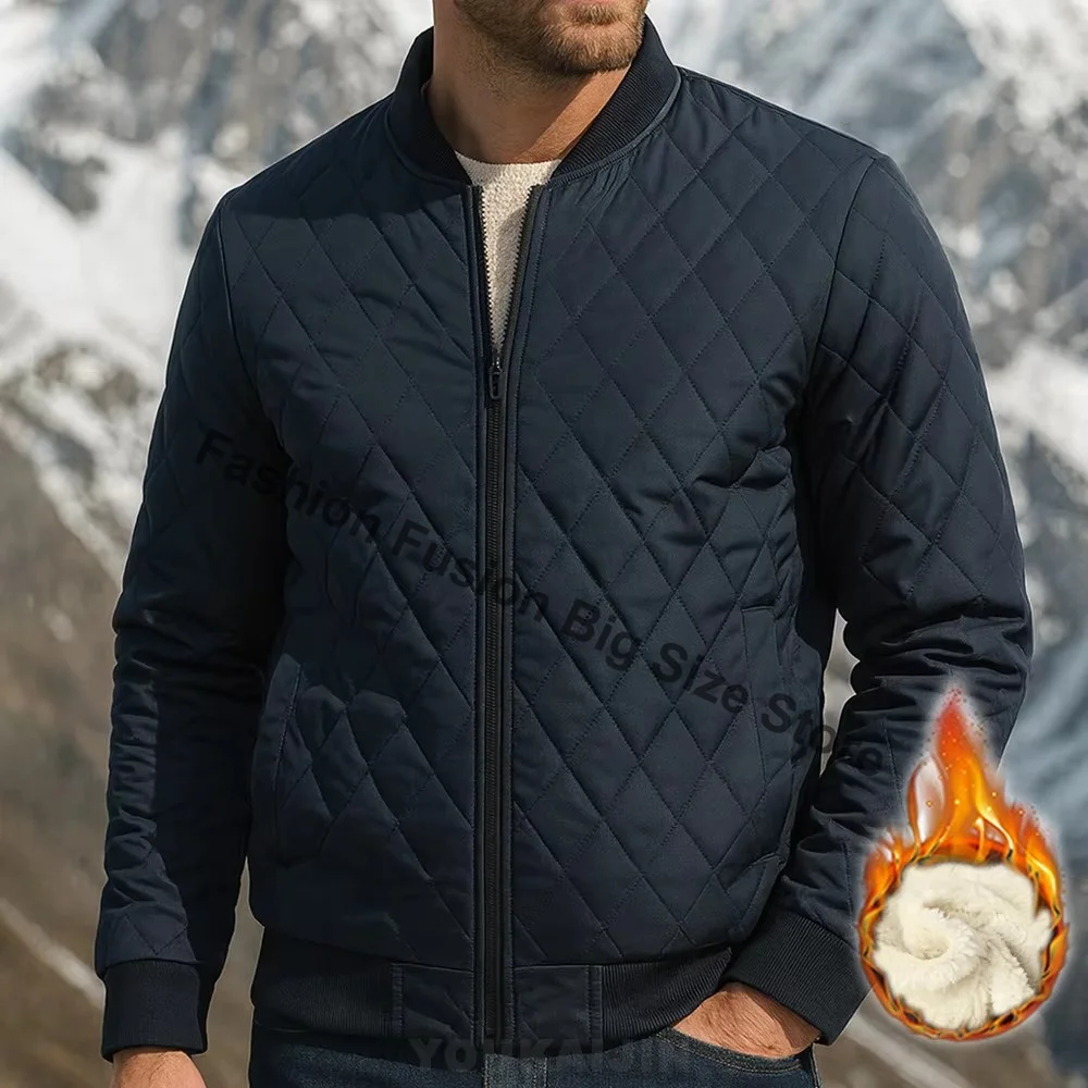 Autumn Winter Men's Stand Collar Diamond Quilted Jacket Fleece Lined Thermal Padded Jackets Winter Full Zipper Bomber Outwear