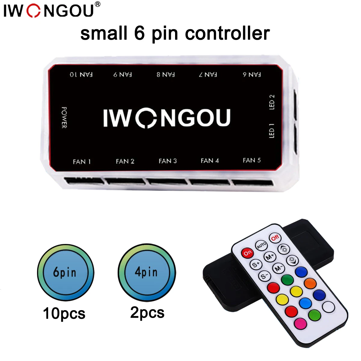 IWONGOU RGB Remote Controller DC12V 5A LED Color Intelligent Fan Controller With 10pcs 6-pin Fan Port 2pcs 4-pin Light Bar Port