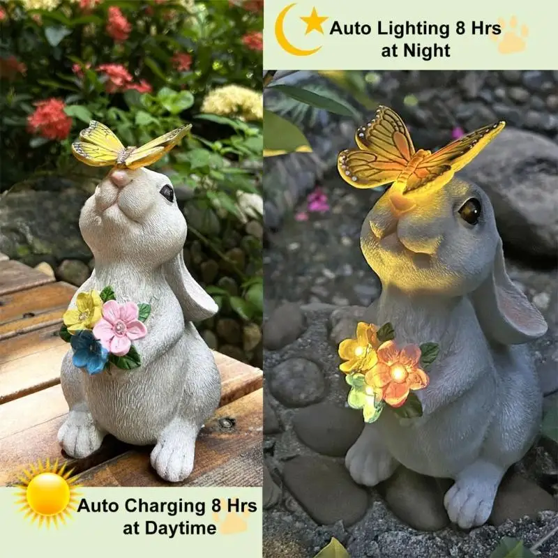 Automatic Illuminations Solar Light Rabbit/Cats Artwork Lighting Resin Texture for Backyard Anniversary Gift 87HA