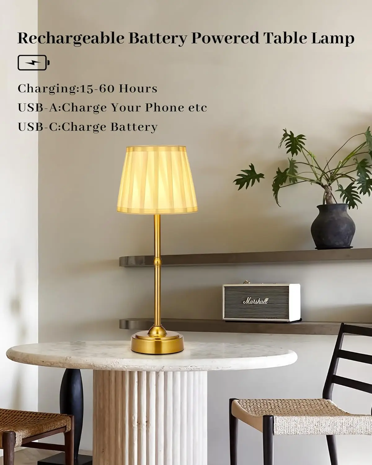 Cordless Rechargeable Table Lamp Set of 2, 6000mAh Gold Bedside Lamp for Bedroom, Living Room, Dining Room, Balcony