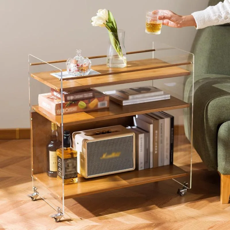Creative Movable Coffee Table with Glass Shelf Sofa Side Trolley Wheeled Bedside Table Modern Design Living Room Organizer