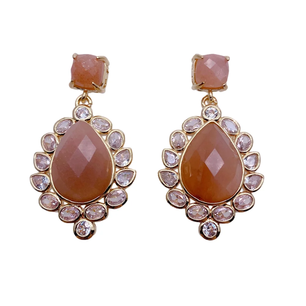 Y·YING Teardrop Earrings Natural Sunstone Drop Cz Pave Stud Earrings Women Anniversary Jewelry