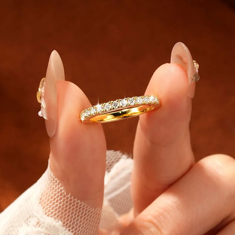 Rrjzz Zertifizierter 2mm D-Farbiger Voll-Moissanit Stapelbarer Halb-Eternity-Ring für Damen Klassischer Imitationsdiamant-Schmuckring – Detail 10