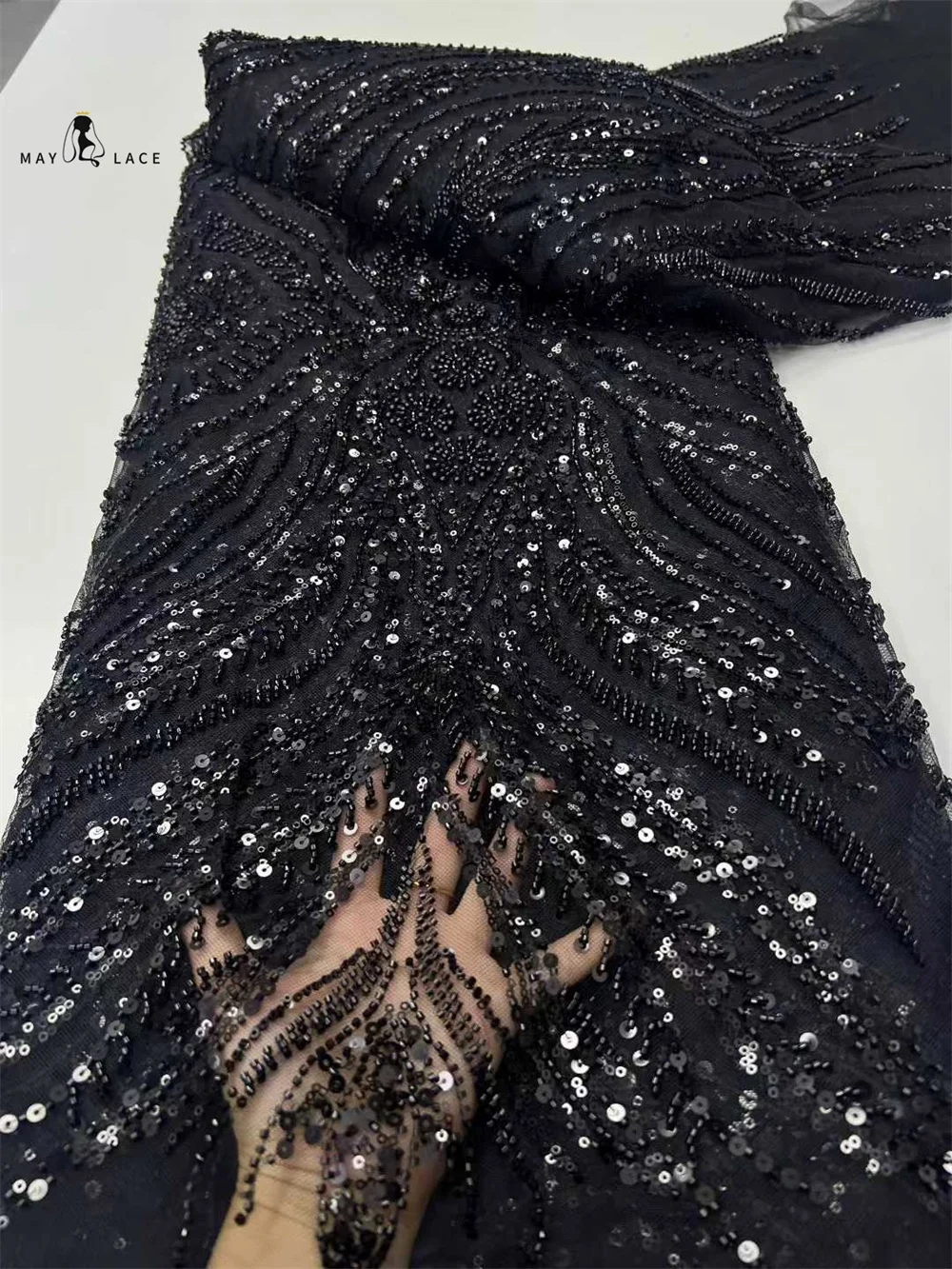 

Black New French Beaded Tulle African Lace Fabric Sequins Embroidery High Quality Women Wedding Material Nigerian Lace Fabric