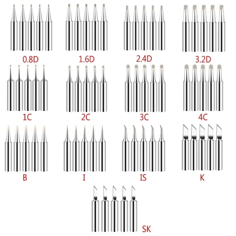 5Pcs 900M-T Copper Soldering Iron Tips IS/I/B/K/SK/2.4D/3.2D/1C/2C/3C/4C Lead-Free Welding Tips Head