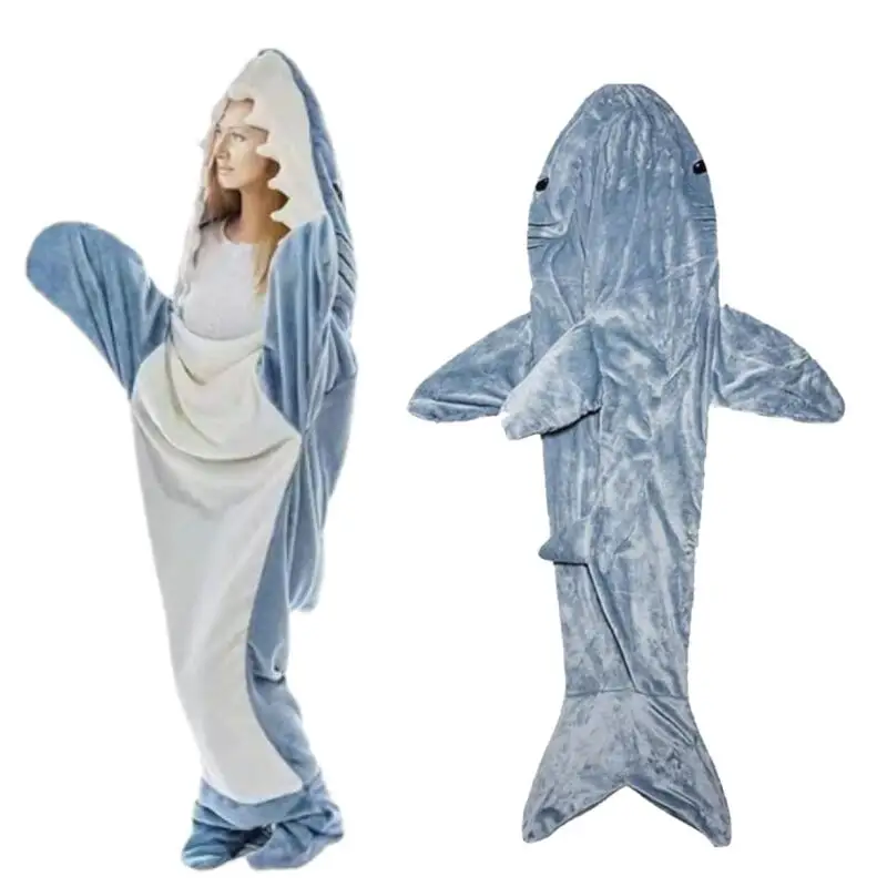 Cute Shark Plush Sleeping Bag Adult Warm Cartoon Shark Onesie Flannel Pajamas Cosplay Costume Funny Unisex Home Wear For Sleep