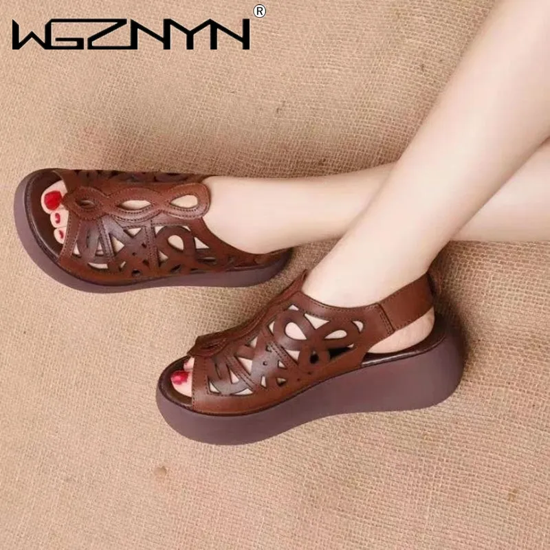 2022 NEW Summer Women Sandals Genuine PU Leather Wedges High Heel Platform Hollow Peep Toe Female Ladies Shoes Zapatos De Mujer