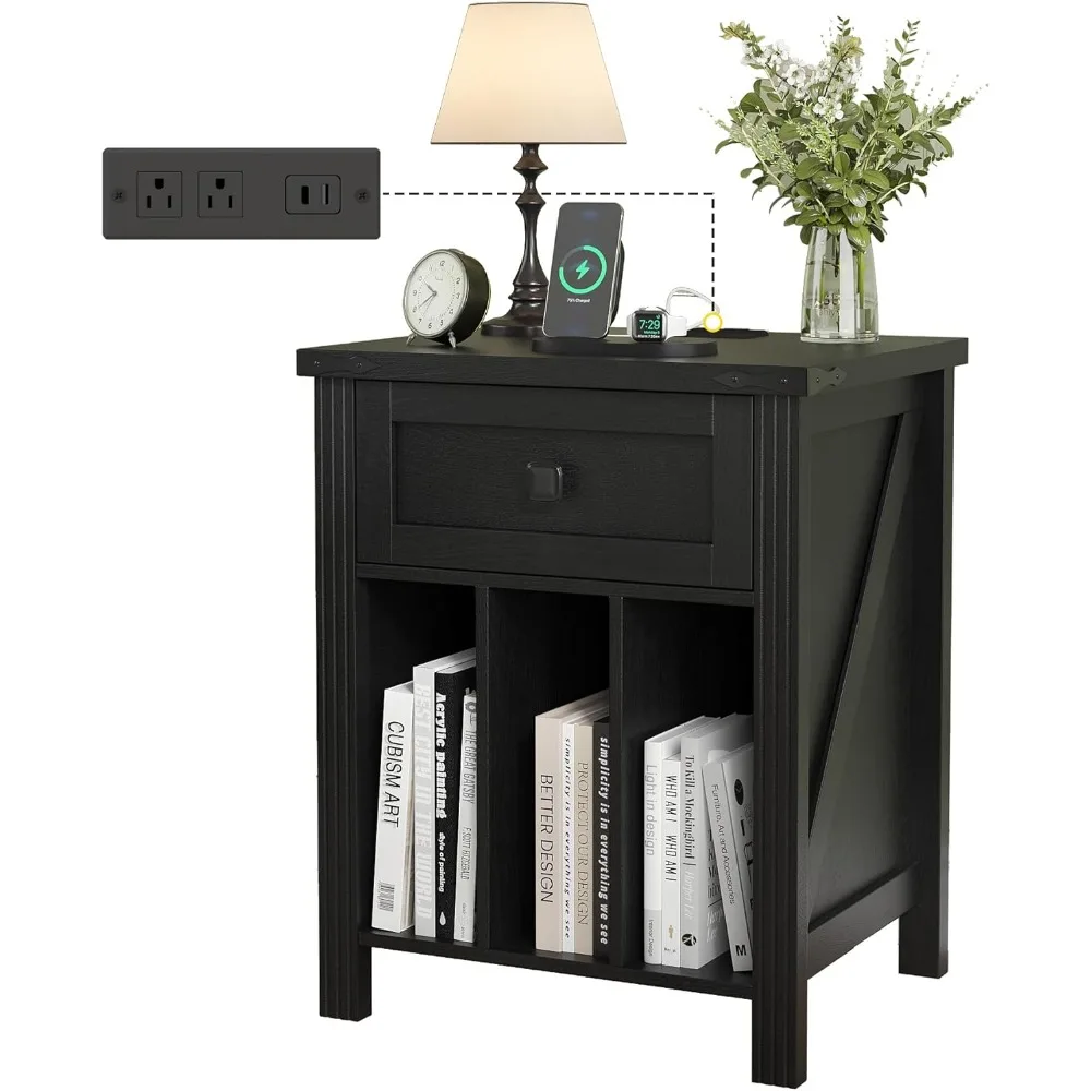 

Farmhouse Nightstand with Charging Station and Drawer, Vinyl Record Storage, Bedside Table for Bedroom, End Table f