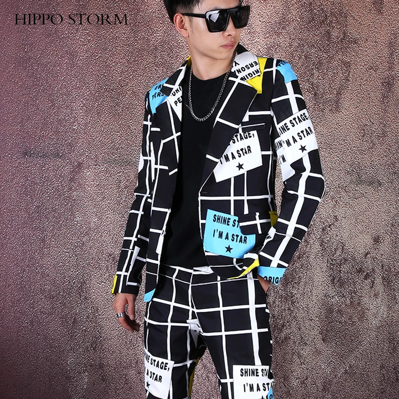 New Men's Fashion Line Printing Blazer Trend Nightclub Male Singer Performance Costume Magician Slim Male Personality Suits Coat