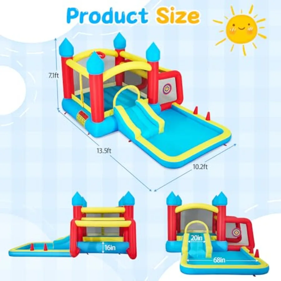 Casa gonfiabile di rimbalzo con scivolo d'acqua Parco acquatico da cortile con area di salto Canestro da basket Calcio e gioco di freccette Ventilatore da 480 W